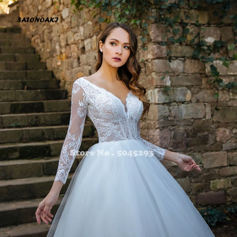 Vestidos de novia boho vestido de casamento com decote em v apliques de renda manga longa sem costas trem varredura princesa vestido de noiva robe mariée