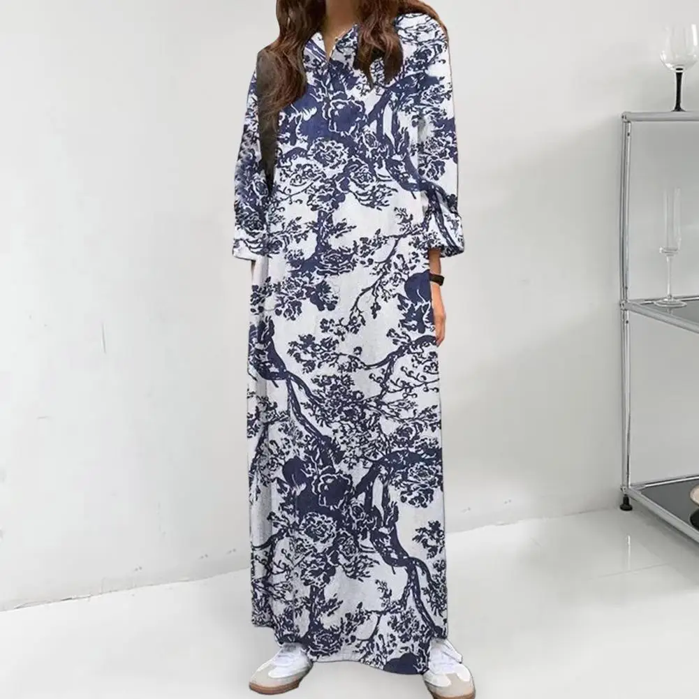 

Long Sleeve Shirt Dress Bohemian Floral Maxi Dresses Effortlessly Chic Comfortable Spring Holiday Attire with Lapel V-neck Long