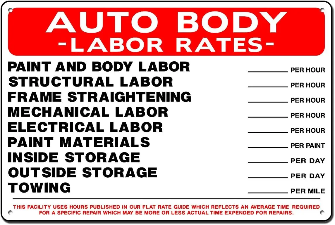 Everett Goodman Home Decor – Sicherheitsschild Auto Body Labor Rates; Metall-Blechschild