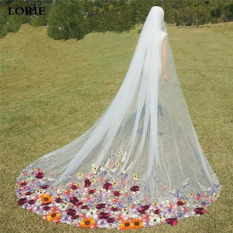 

LORIE 3 Meters 3D Flowers Long Bridal Veils Appliqued Lace Wedding Veils Soft Tulle Long Cathedral Veil Velos de Novia 2024