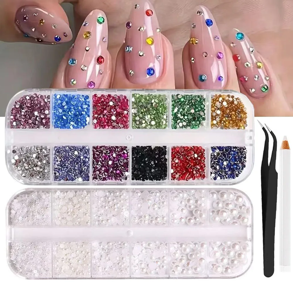 

2Boxes 3D Shiny Colorful Nail Art Charms Set Flatback Rhinestones + Pearl Nail Charms Nail Accessories #1 Picker Pen & 1 Tweezer