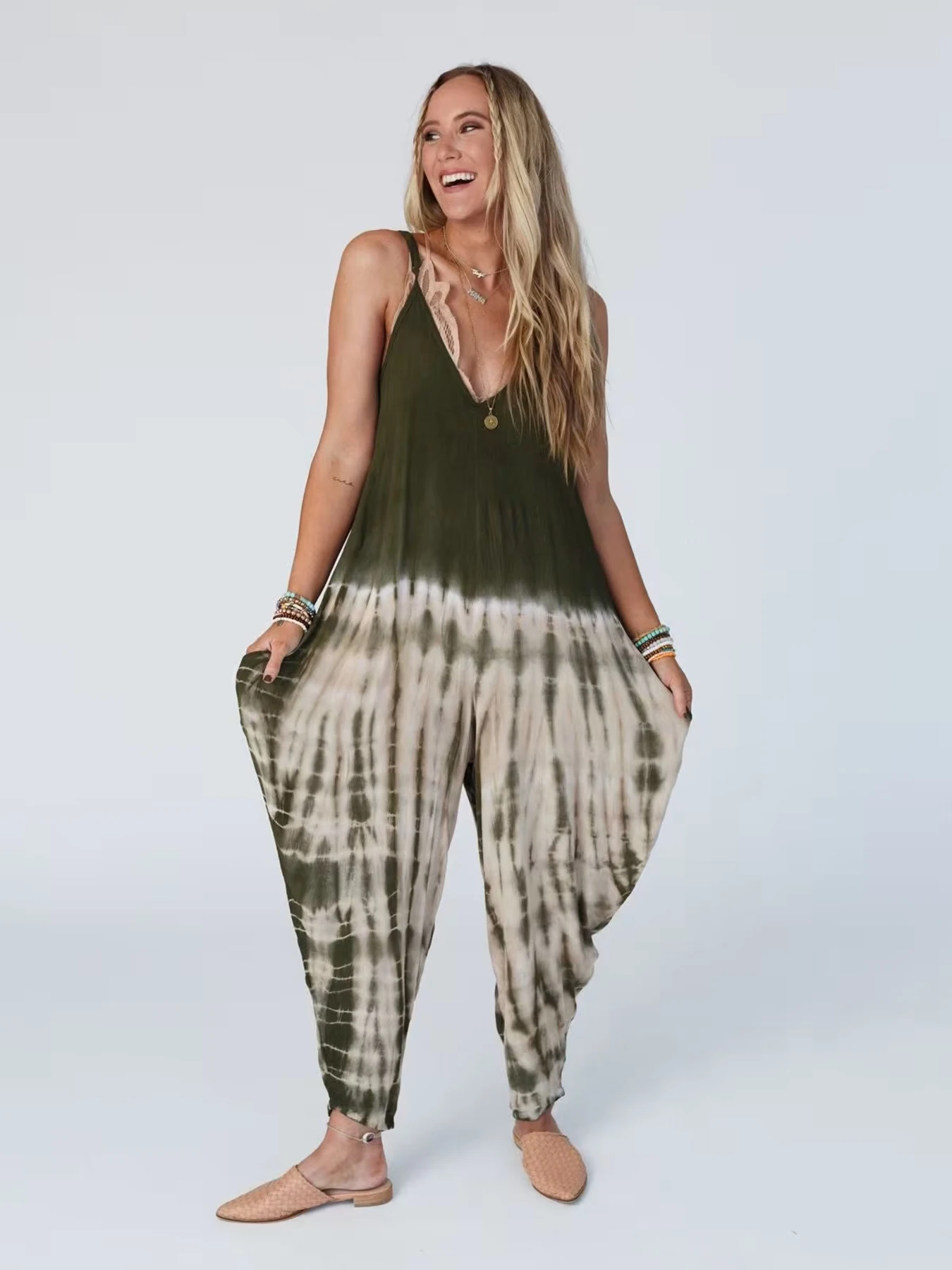 Mono camisola con cuello en V y estampado Tie-Dye para mujer, pantalones de linterna sueltos de moda, una pieza sin mangas, talla grande
