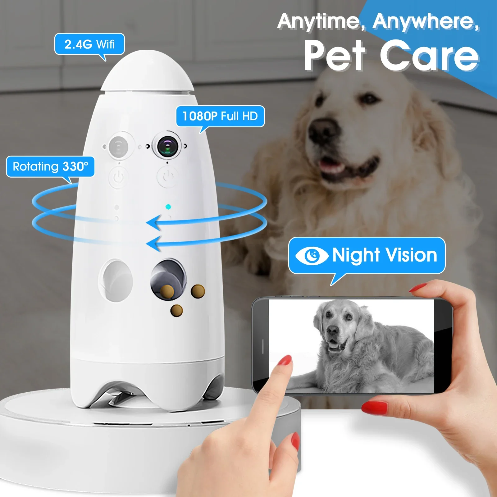 Smart 1080p Dog Camera 180 View with Treat Dispenser - Interactive Pet Feeder and Monitoring System Designed for Dogs