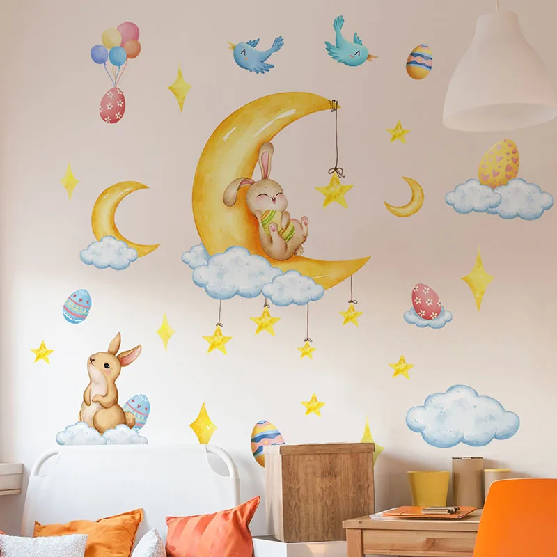1 ชิ้นการ์ตูนอีสเตอร์ไข่ดวงจันทร์กระต่ายดาวสติ๊กเกอร์ติดผนัง ทําจากวัสดุพีวีซี กันน้ํา นํากลับมาใช้ใหม่ได้ เหมาะสําหรับห้องนั่งเล่น