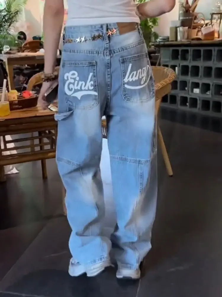 

Джинсы женские широкие с высокой талией, винтажный дизайн с буквенным принтом, в американском уличном стиле, свободные, повседневные, из денима, больших размеров