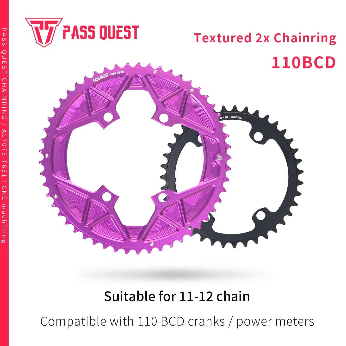 

PASS QUEST 2X 110BCD 4 Bolt ROAD Bike Chainring Textured Double Sprocket for R9200 R8100 R7100 110BCD Power Meter 11S 12S