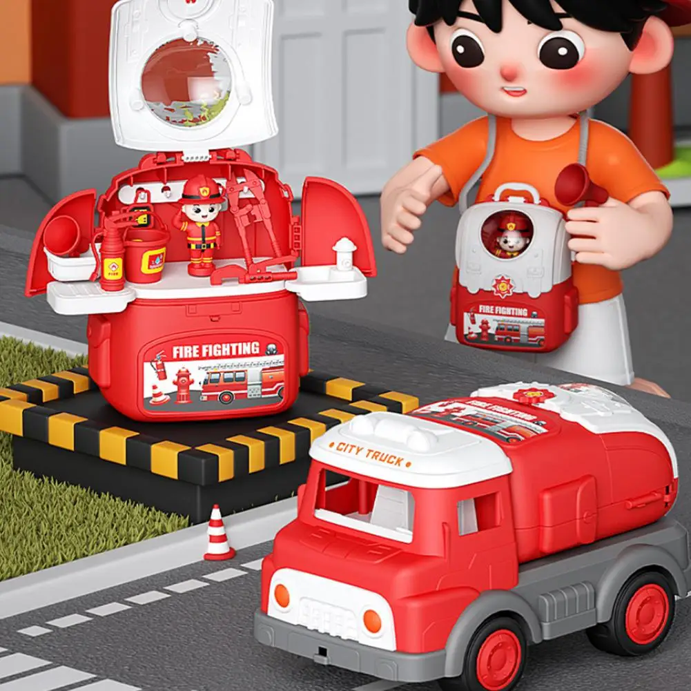 Juego de vehículos de emergencia para niños, mochila educativa de almacenamiento con motor de bomberos, casa de juego para niños, escena de coche, juguete DIY, juego para padres e hijos