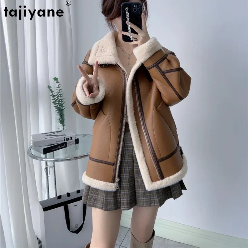 

Tajiyane High Street Sheep Shearing Jacket for Women 2023 Winter Autumn Motorcycle Stand Collar 100% Wool Coat Roupas Femininas