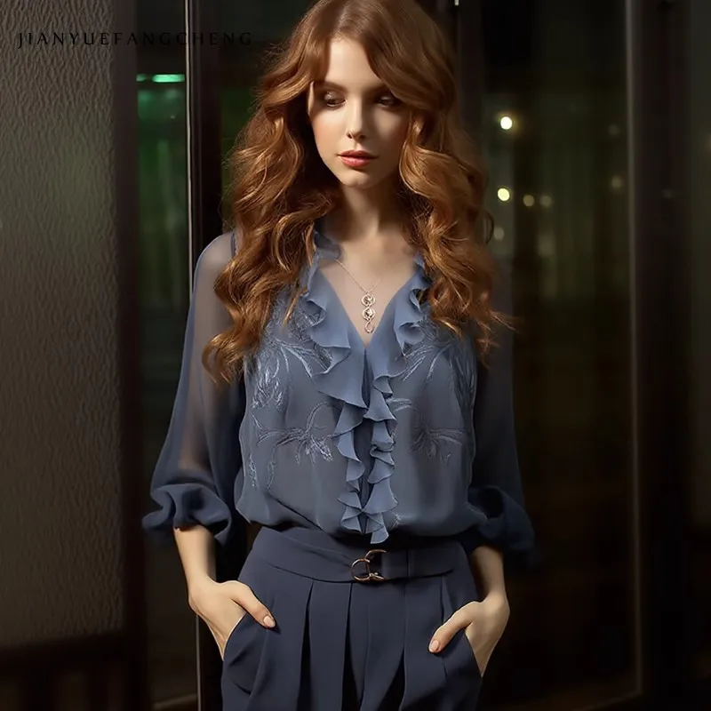 2025 été léger en mousseline de soie haut femmes brodé volants bord col en v chemise ample décontractée printemps été Blouses