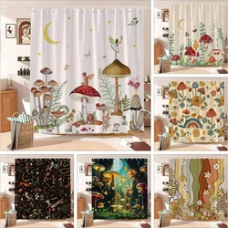 Mushroom Shower Curtain Retro Butterfly Floral Boho Moon Botanical Wildflowers Green Plant Aesthetic Bath Curtain Bathroom Decor