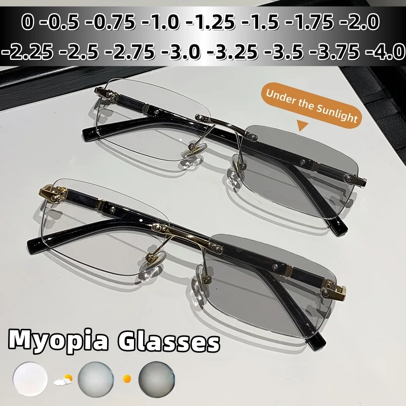 

Business Photochromic Anti-Blue Light Myopia Glasses Stylish Rimless Premium Ultra-Lightweight Eyewear Diopter 0 To -4.0