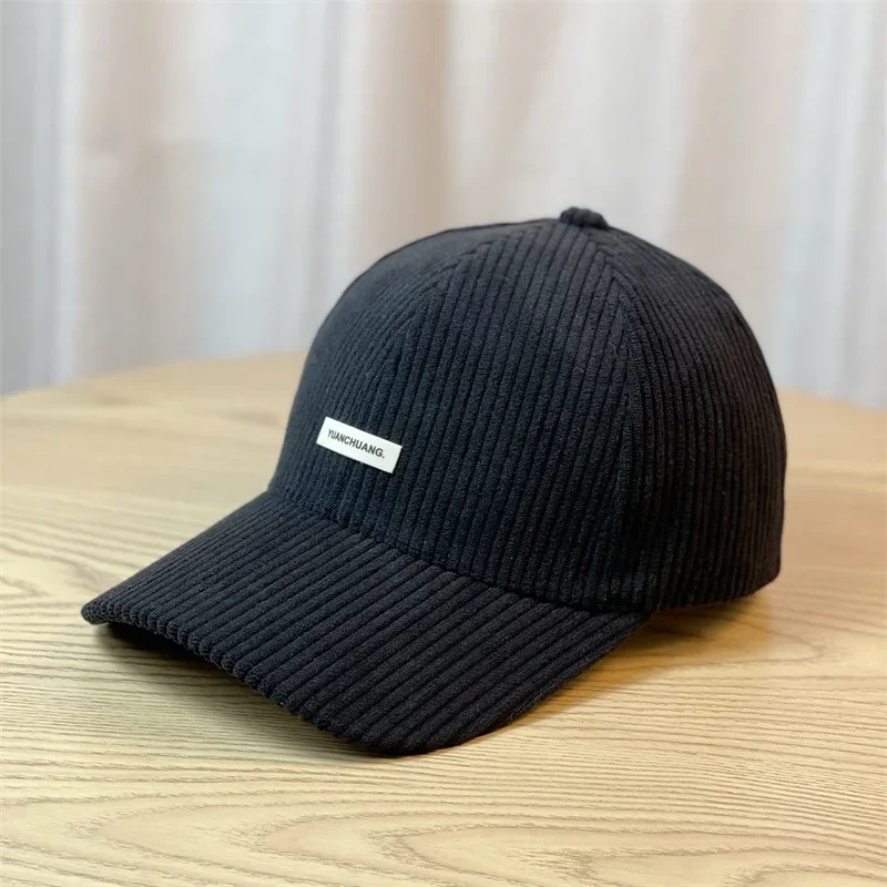 Korean Autumn and Winter Warm Hard Top Big Head Corduroy Baseball Hat Men and Women Fashion Cloth Label  Adjustable Sports Cap