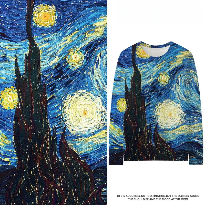 

Мужская футболка с длинным рукавом «Звездная ночь» Ван Гога, осенняя, тонкая, модная, универсальная, с круглым вырезом, из полиэфирного волокна, для молодежи