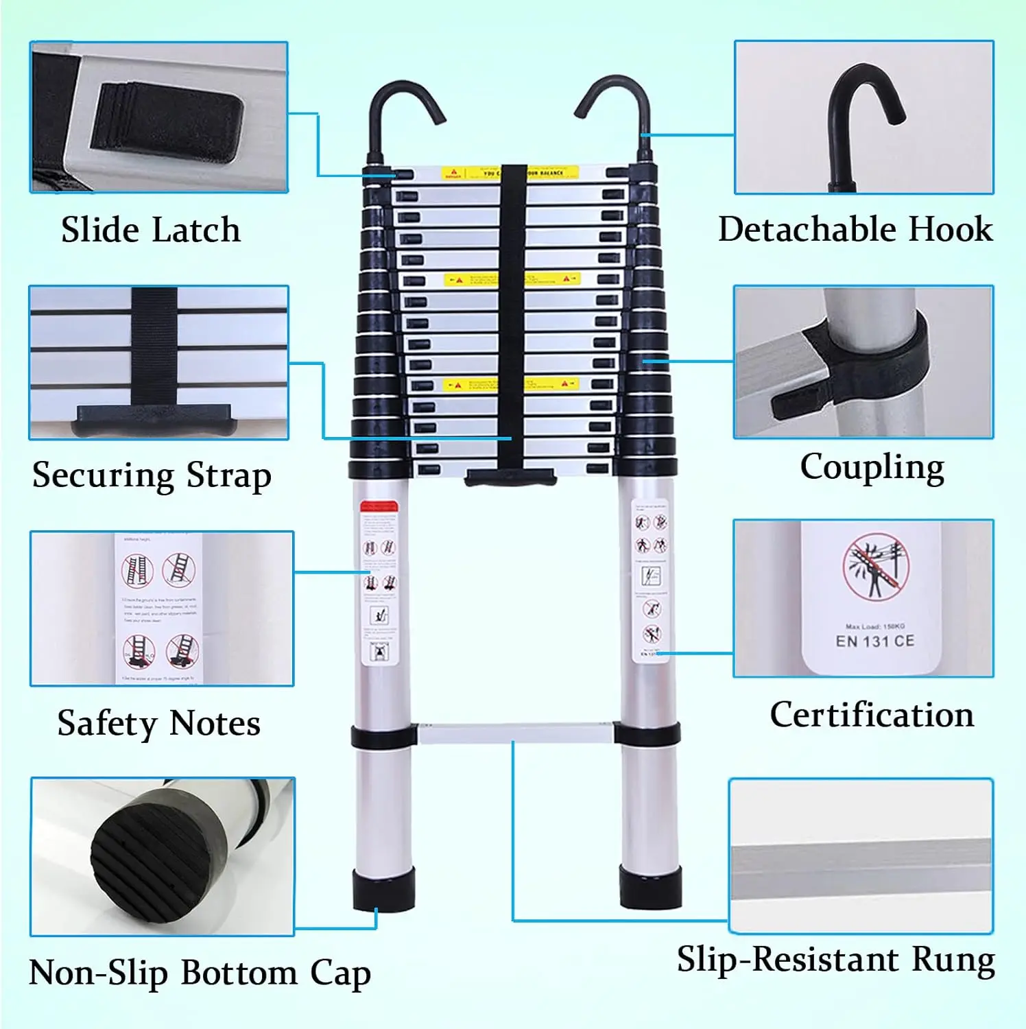 20,5ft aluminium telescopische verlengladder Uitschuifbare ladders met 2 afneembare haken Draagbaar lichtgewicht