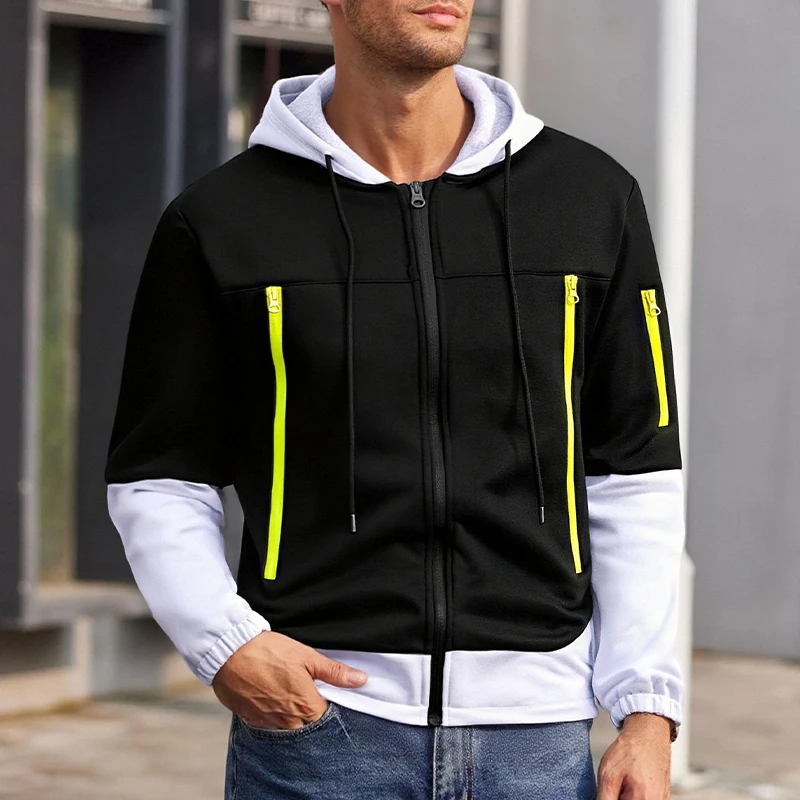 الرجال خريف شتاء دافئ في الهواء الطلق سترة التكتيكية صوف مبطن Colorblock المرقعة أبلى زمم معطف مقنع مع جيوب سستة #5