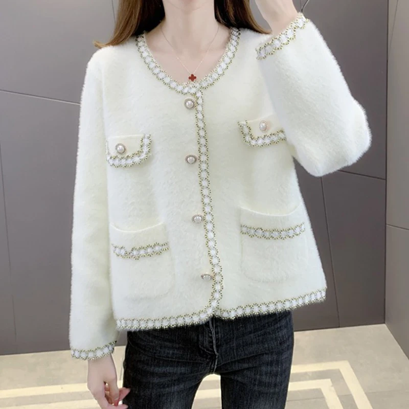 

Винтажные короткие куртки из искусственной норки, женские 2022, элегантное однобортное пальто с жемчугом, женское мягкое пальто с круглым вырезом и длинными рукавами, женская верхняя одежда