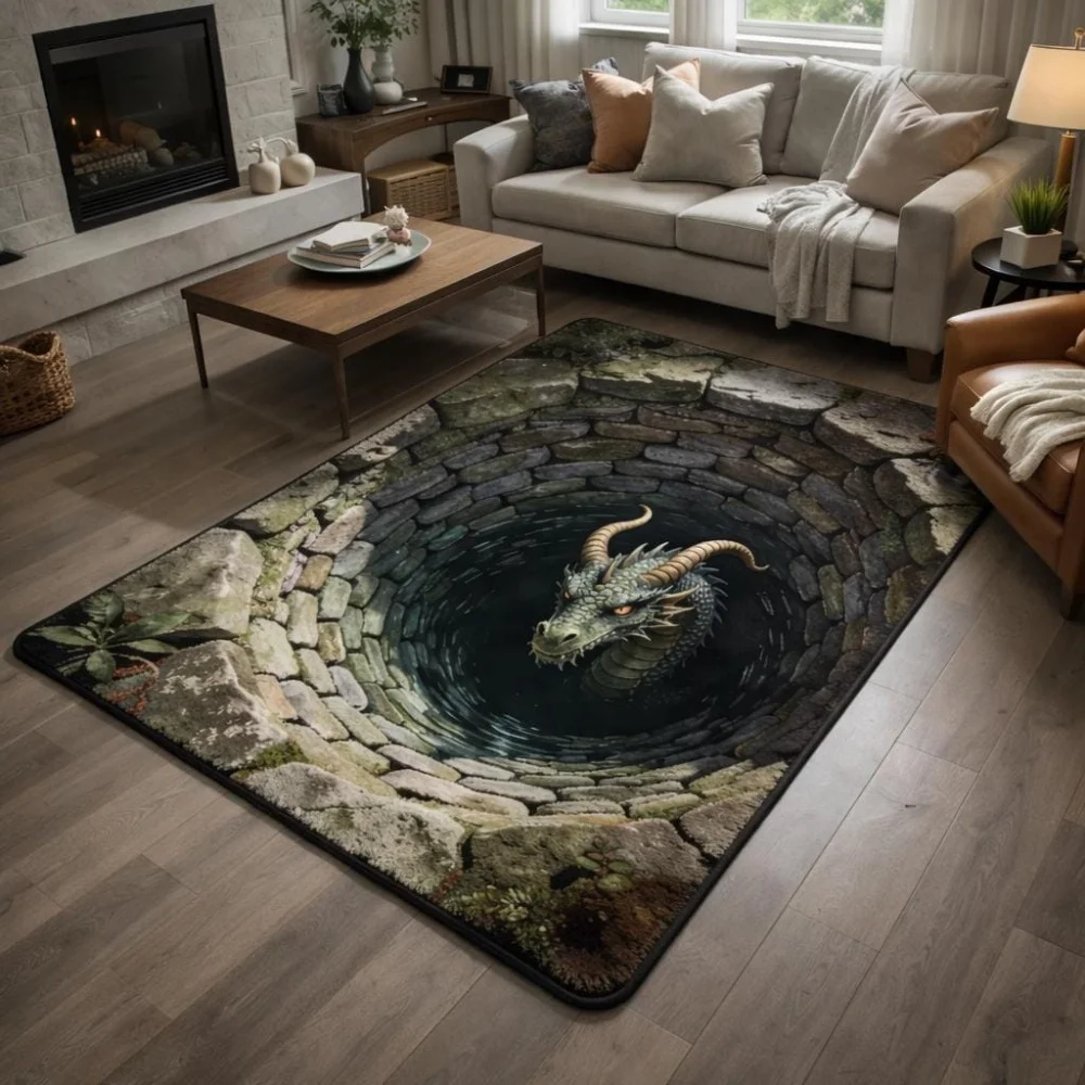 Stone Well Dragon 3D Illusion print large Rug game room lounge coffee table entry foyer Non Slip Rug Present