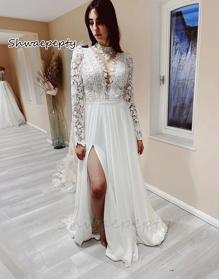 

Boho Lace Long Sleeves Wedding Dress With Side Slit Illusion Chiffon Bridal Dress High Neck Beach Elegant Bride Gown Customized