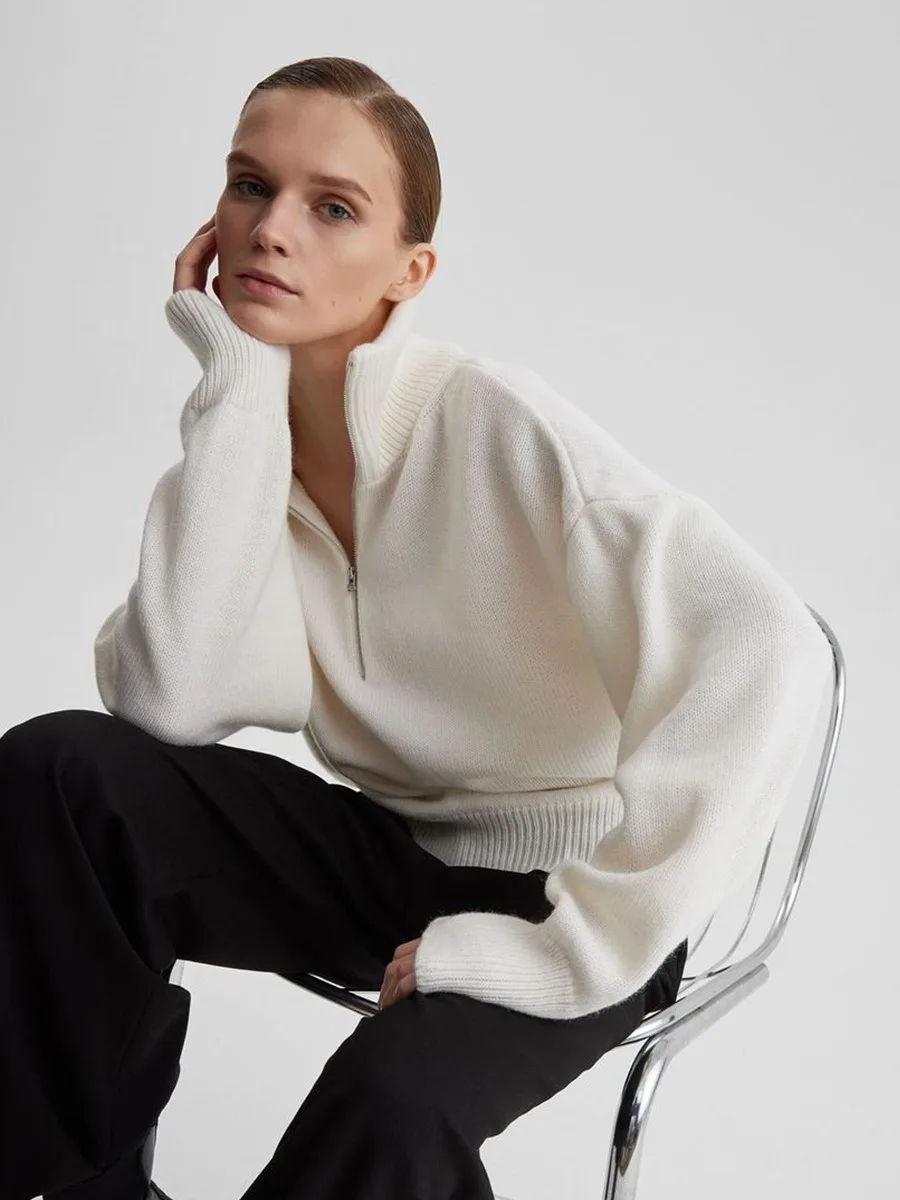 

Woman Winter 2025Women's Turtleneck Zippers Fashion Women Sweaters Solid Loose Pullover Long Sleeve Casual Knitted Sweater