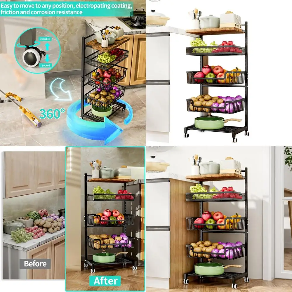 

5-Tier Adjustable Rolling Kitchen Cart for Vegetable and Snack Storage with Large Capacity