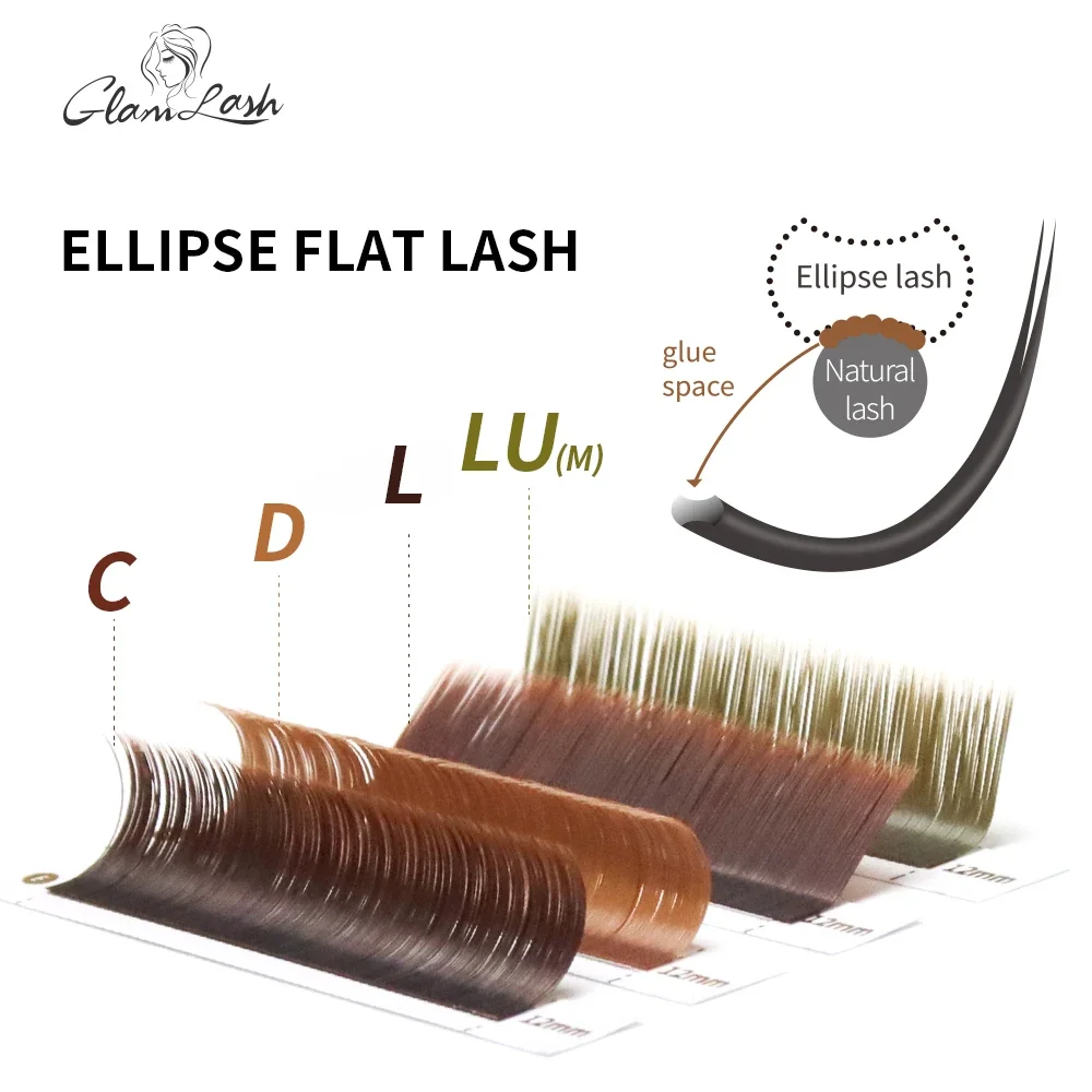 GLAMLASH Borwn Ellipse Flat Eyelashes Extensions Matte Faux Lashes Split Tips Ellipse Shaped Makeup Tools