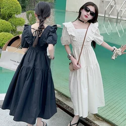 junior girls design french lace dress 100% cotton Bubble sleeved ruffled collar white black princess long dresses teen clothes