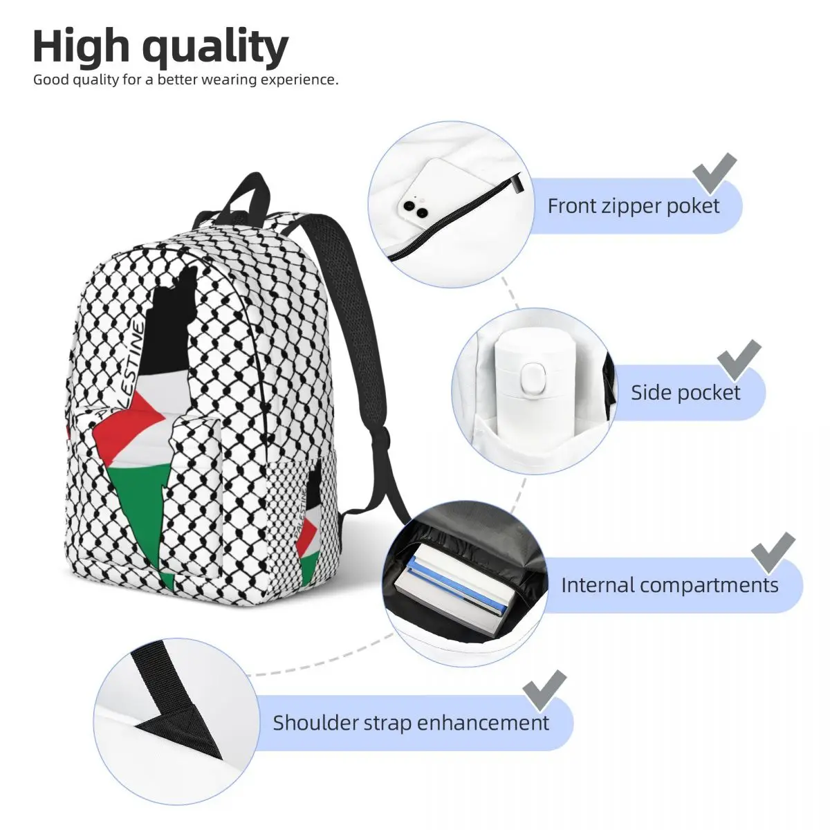 Sac à Dos Traditionnel avec Carte Sensorielle de la Palestine Kufiya Hutilities, Sacoche de Jour de Travail pour Lycée, Keffiyeh, pour Ordinateur Portable, de dehors