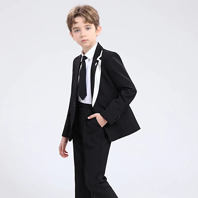 

School Boys Formal Ceremony Tuxedo Dress Kids Wedding Performance Costume Children Spring Khaki Jacket Pants Tie Photograph Suit