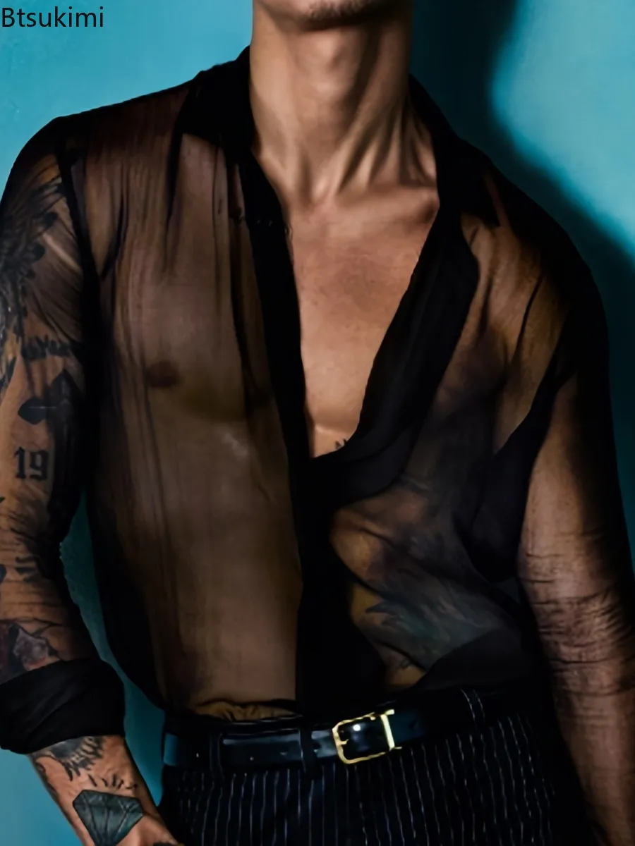 2026 Men's Black Mesh Shirt Lapel See Through Sexy Shirt Stylish Long Sleeve Party Evening Nightclub Shirts Tops for Men S-3XL