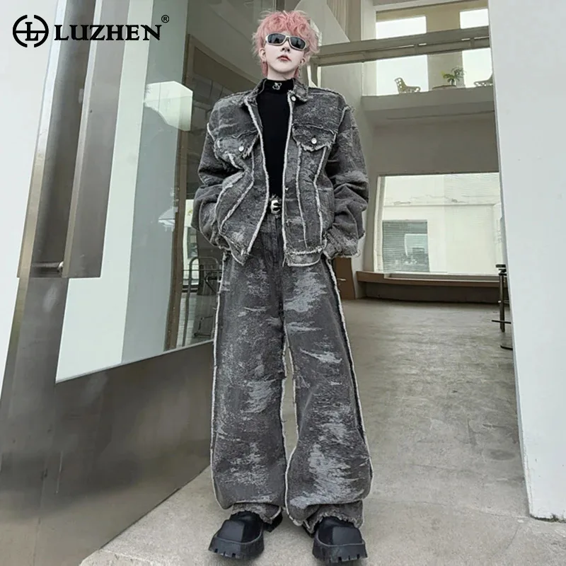 

LUZHEN Loose 2025 Spring New Original Design Wornout Tie-dyed Straight Casual Pants Men's Jacket Street Two-piece Sets JY5490