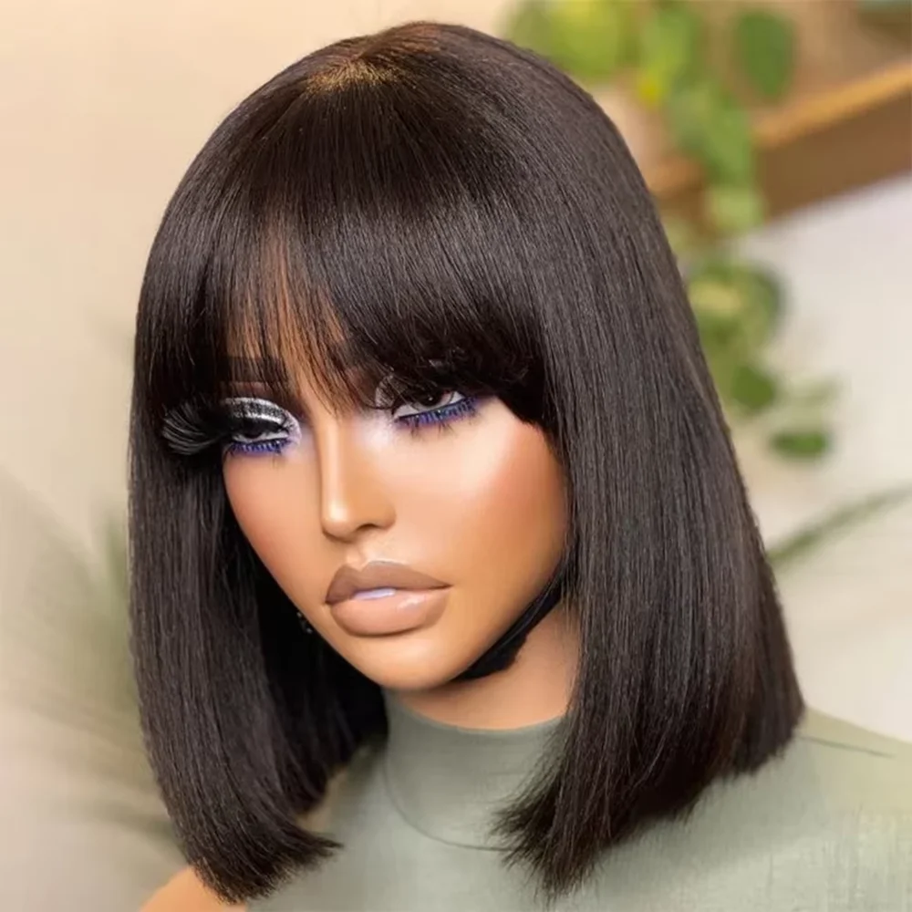 Straight Natural Scalp Raw Human Hair Lace Bob Wig With Bangs 200% Glueless 3x2 Lace Bob Wig With Bangs Drawstring Glueless Wigs