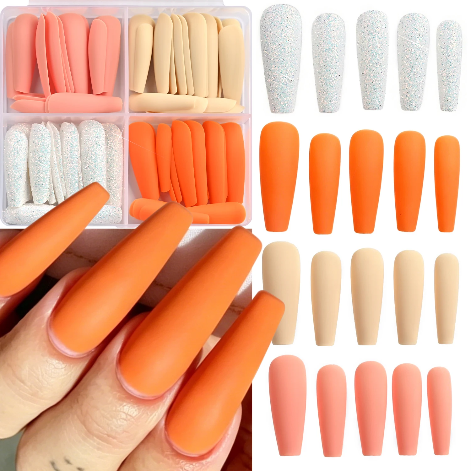 96Pc 4Colors Long Coffin Press On Nails Orange Nude Pink White Ballerina Shape Fake Nail Long-Trapezoid Wearable False Fingertip