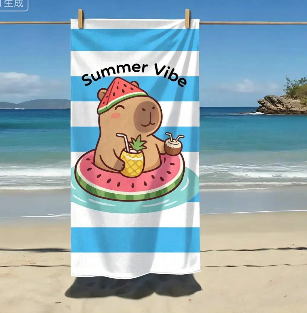 Cute Capybara Float Pineapple Drink Beach Towel Blue Striped Summer Pool Party Towel Funny Capy Meme Pool Towel
