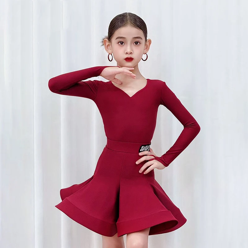 2025 어린이 라틴 댄스 대회 의상 소녀 긴 소매 드레스 차차 룸바 삼바 댄스 연습 훈련 드레스 DNV24831