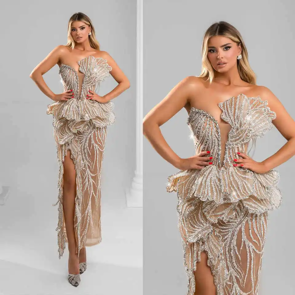 

Изысканное вечернее платье без рукавов для выпускного вечера с блестками и бусинами, атласное жемчужное платье для выпускного вечера с разрезом по бокам, платья de novia, размер на заказ