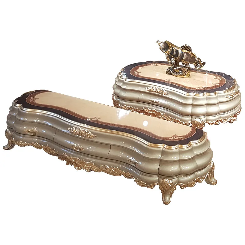 

European coffee table TV cabinet combination living room solid wood luxury villa high-end golden oak wood carving