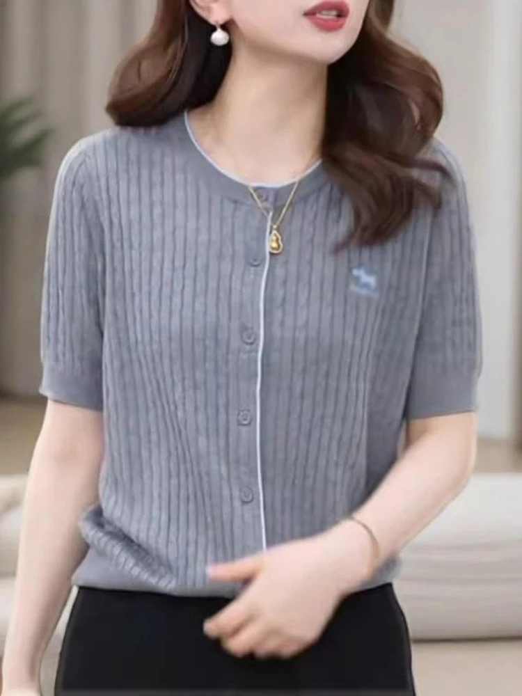 

Korean Sle Casual ort Sve Knitted Sweater Women's Summer Faion Simple Versatile Loose Fit round Ne Open Cardigan