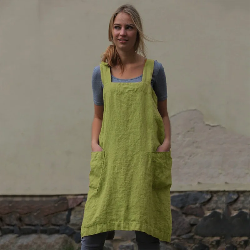 Tabliers de cuisine pour femmes, robe en coton et lin, décontracté, solide, Bandage, vêtements amples