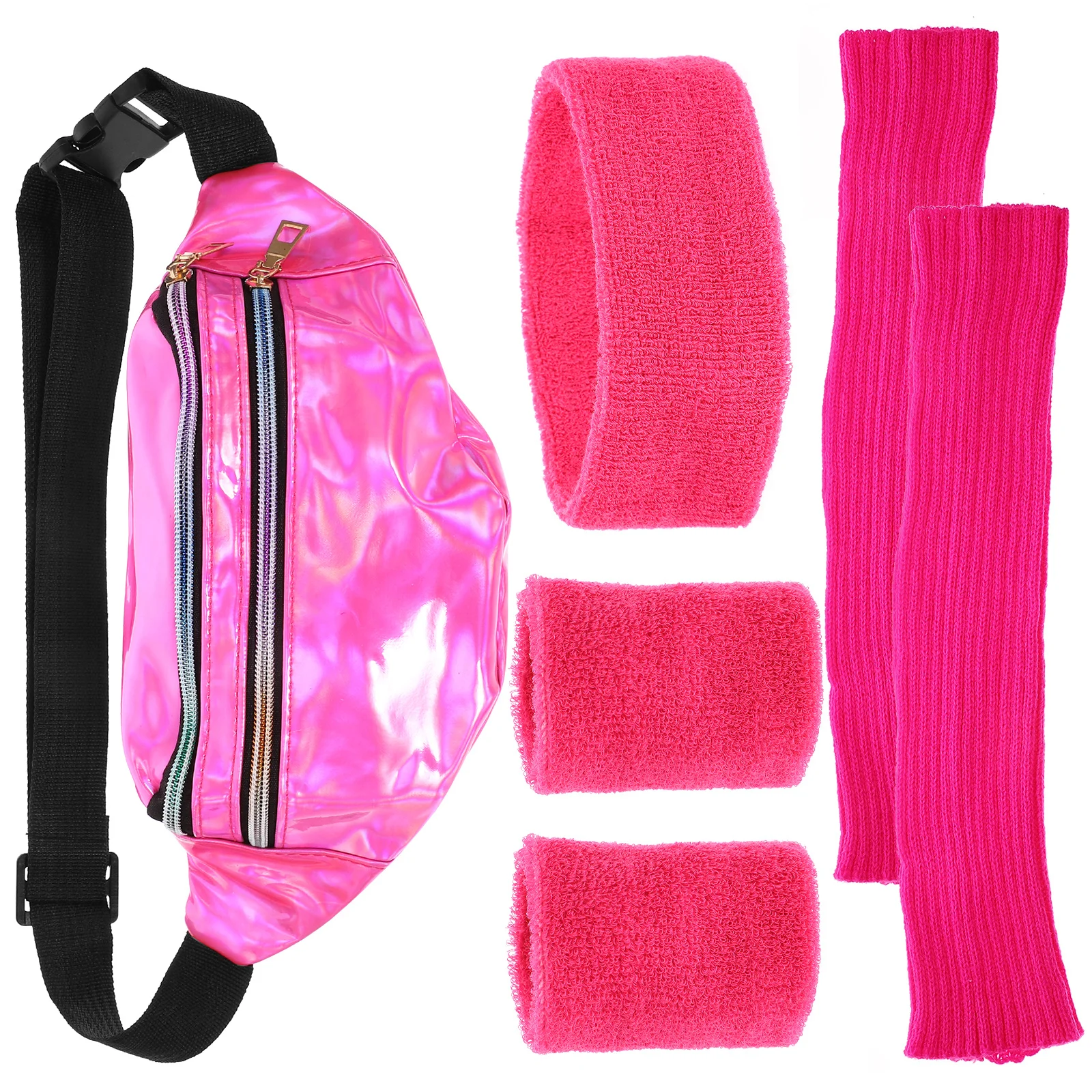 1 Set 80S Leg Warmers Wristband Headband Fanny Pack Women Sports Accessories Retro Neon Pu Workout Party Costume Set