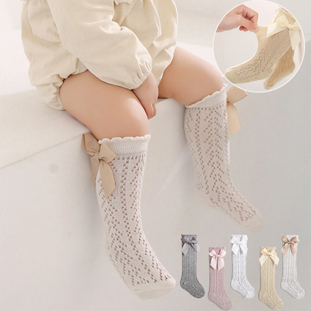 Summer Toddler Knee High Cotton Socks For 0-3Y Kids Girls Bow Hollow Lace Mesh Breathable Spanish Style Long Stockings
