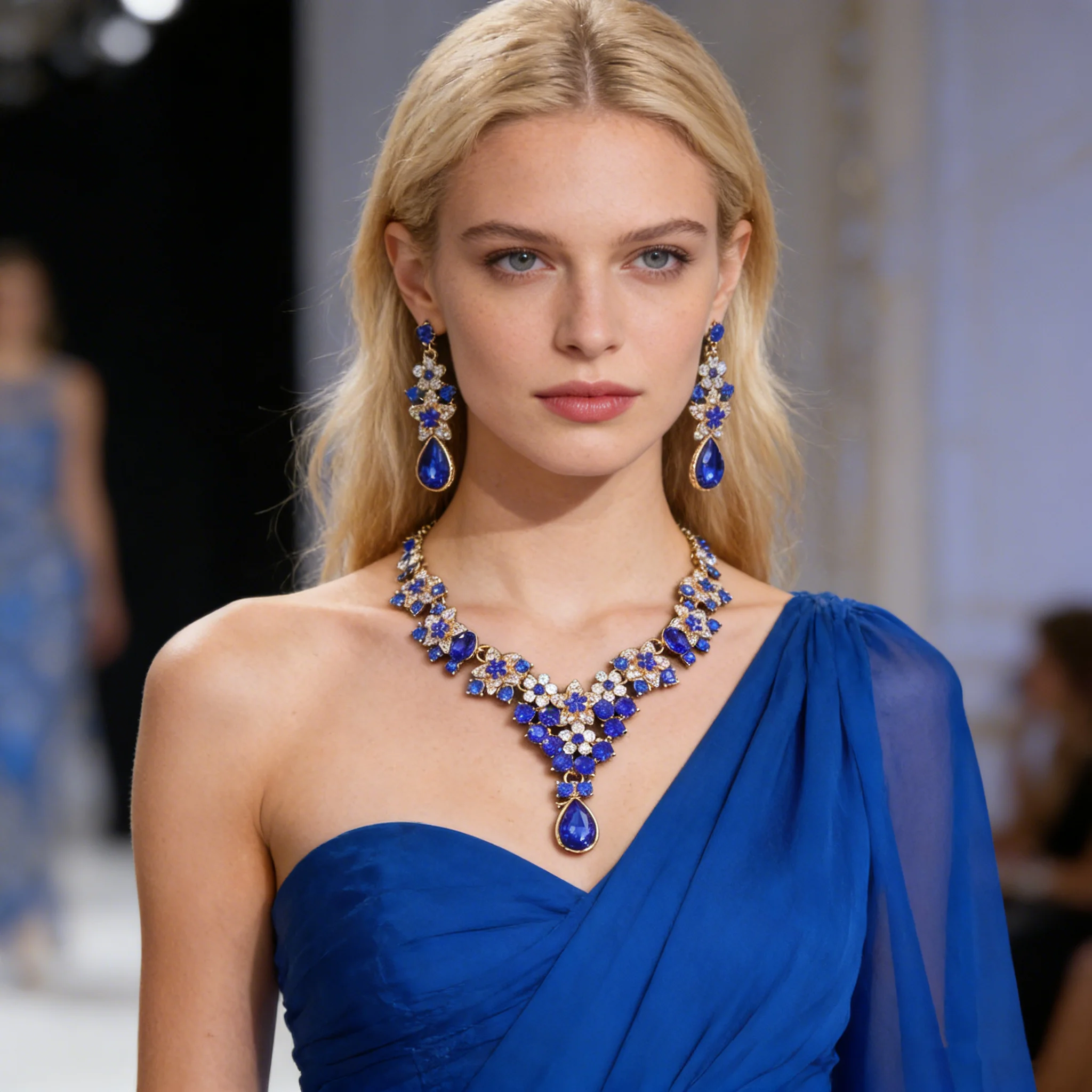 Crystal Rhinestone Jewelry Set Gold Floral Necklace & Drop Earrings Formal Statement Jewelry for Brides Bridesmaids & Banquet