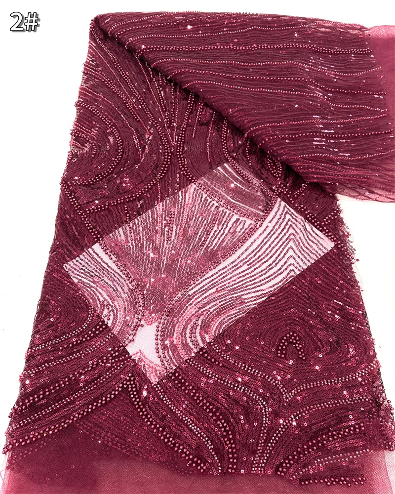 2025 골드 럭셔리 패션 디자인 비즈 고급 수제 비즈 자수 네트 레이스 원단 여성 웨딩 드레스용