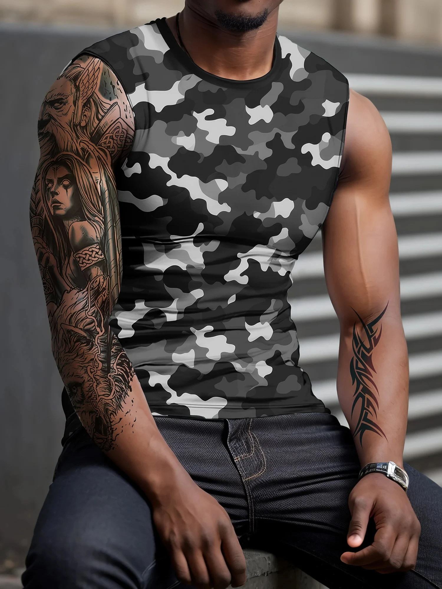 

Fashionable Men's 3d Printed Round Neck Sleeveless T-Shirt Spring/Summer Retro Camouflage Military Style Sports Top Street Vest