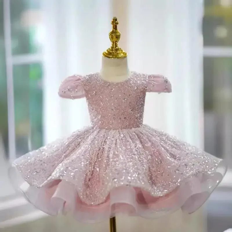 Sequined Girl Princess Dresses Round Neck Fashion Performance Costume Solid Color Children's Ball Dress Birthday Vestidos