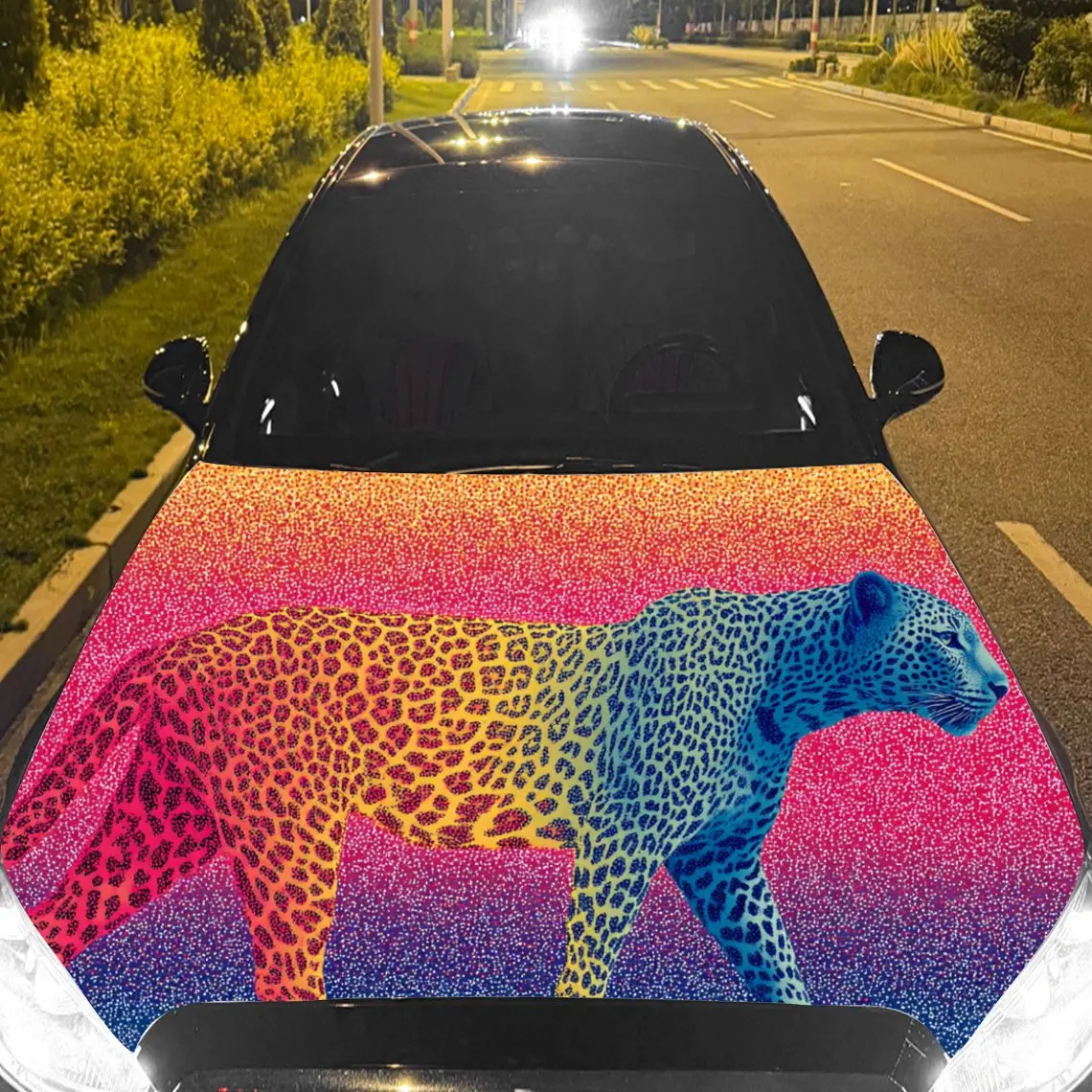 Car Decal Leopard with Rainbow Glitter Artistic Background & Vibrant-Edgy Aesthetic Car Hood Sticker, Waterproof Self - Adhesive