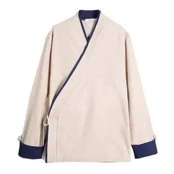 Camisas Retro de estilo chino para hombre, Tops Hanfu de talla grande, M-6XL 7XL, camisa de manga larga de lino y algodón, Top de retazos, cárdigan fino con cordones