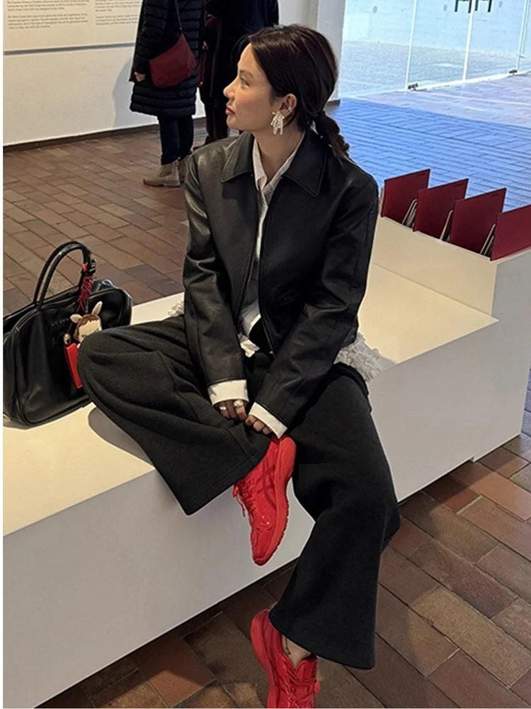 Cool Bla Leather Jaet Casaco feminino de motocicleta ort Sle com zíper tubo reto longo gola Sve Faionable Commut...