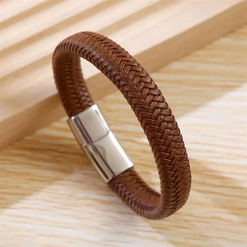 Punk Men Jewelry Black/Brown Braided Leather Bracelet Stainless Steel Magnetic Clasp Fashion Bangles Gift Wholesale Customize