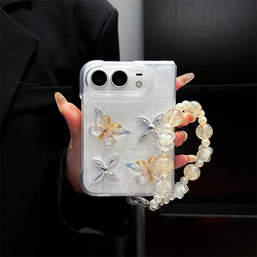 Fashion 3D Gold Rhinestone Butterfly Clear Phone Case For iPhone Duo Bling Hard Cover With Pearl Crystal Beaded Bracelet Chain