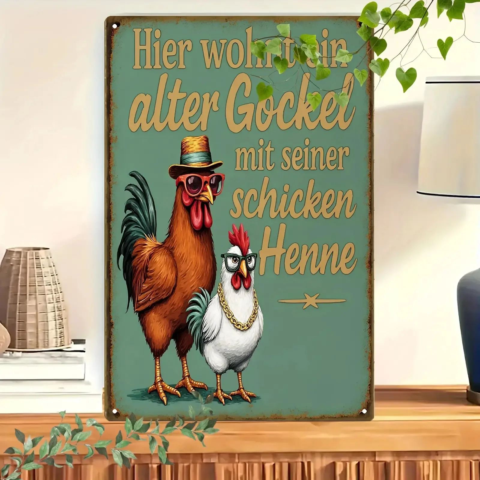 2D Chicken Metal Wall Sign  German Inscription 